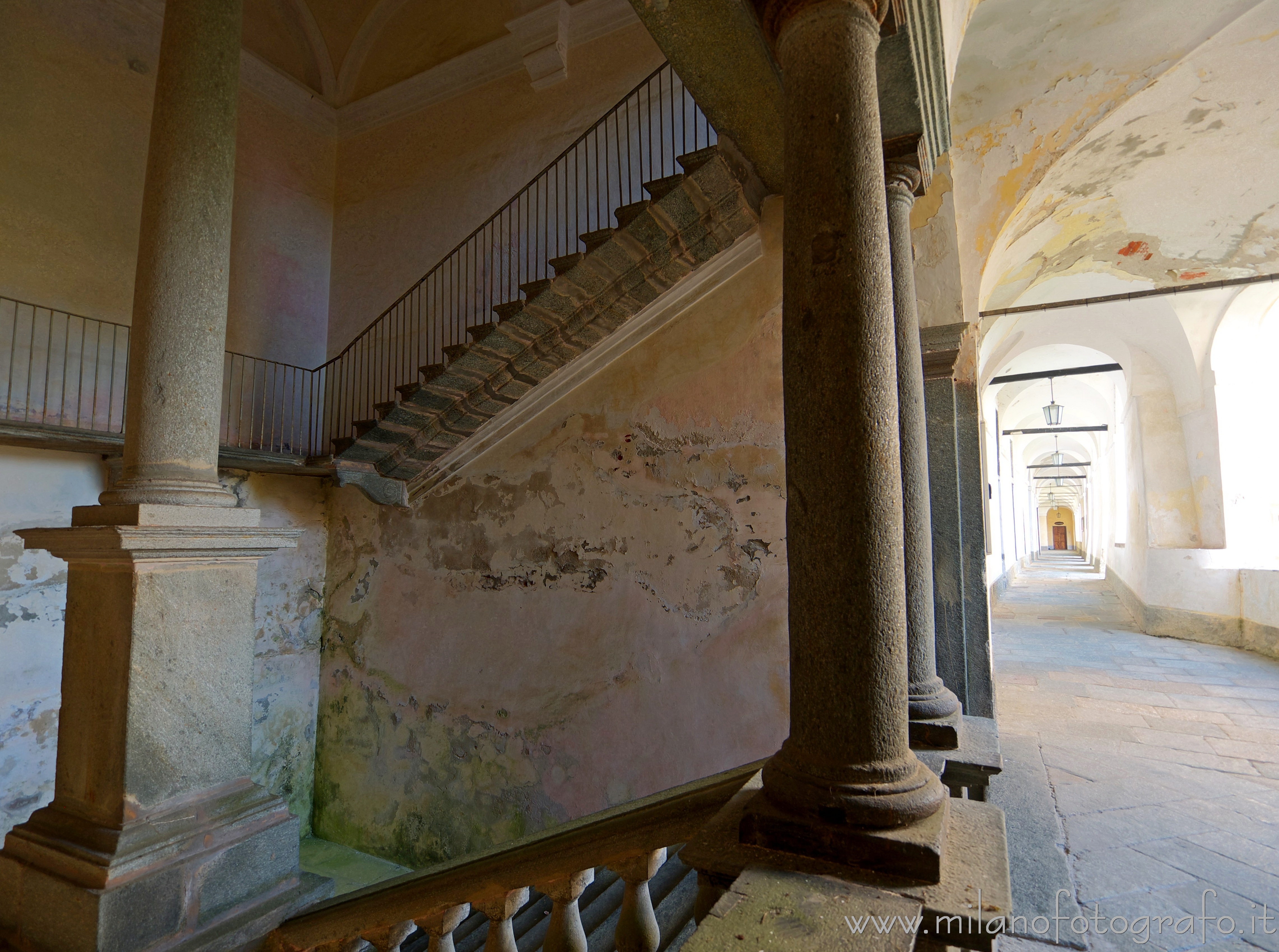 Biella (Italy) - Staircase and loggiato in the upper courtyard of the Sanctuary of Oropa